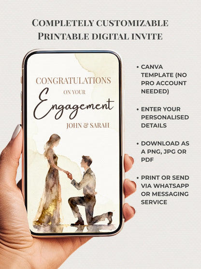 Editable Engagement Congratulations Card - Modern Watercolor Proposal Printable (Instant Digital Download Customisable Canva Template)