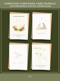 Set of four Christian Christmas cards featuring modern watercolor designs: a golden crown with pine and berries, a nativity scene, a white dove with olive branch, and an angel blowing a trumpet. Displayed with brown envelopes on a deep green background.