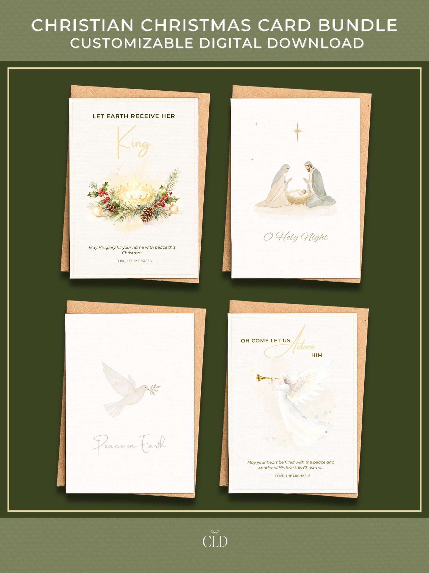 Set of four Christian Christmas cards featuring modern watercolor designs: a golden crown with pine and berries, a nativity scene, a white dove with olive branch, and an angel blowing a trumpet. Displayed with brown envelopes on a deep green background.