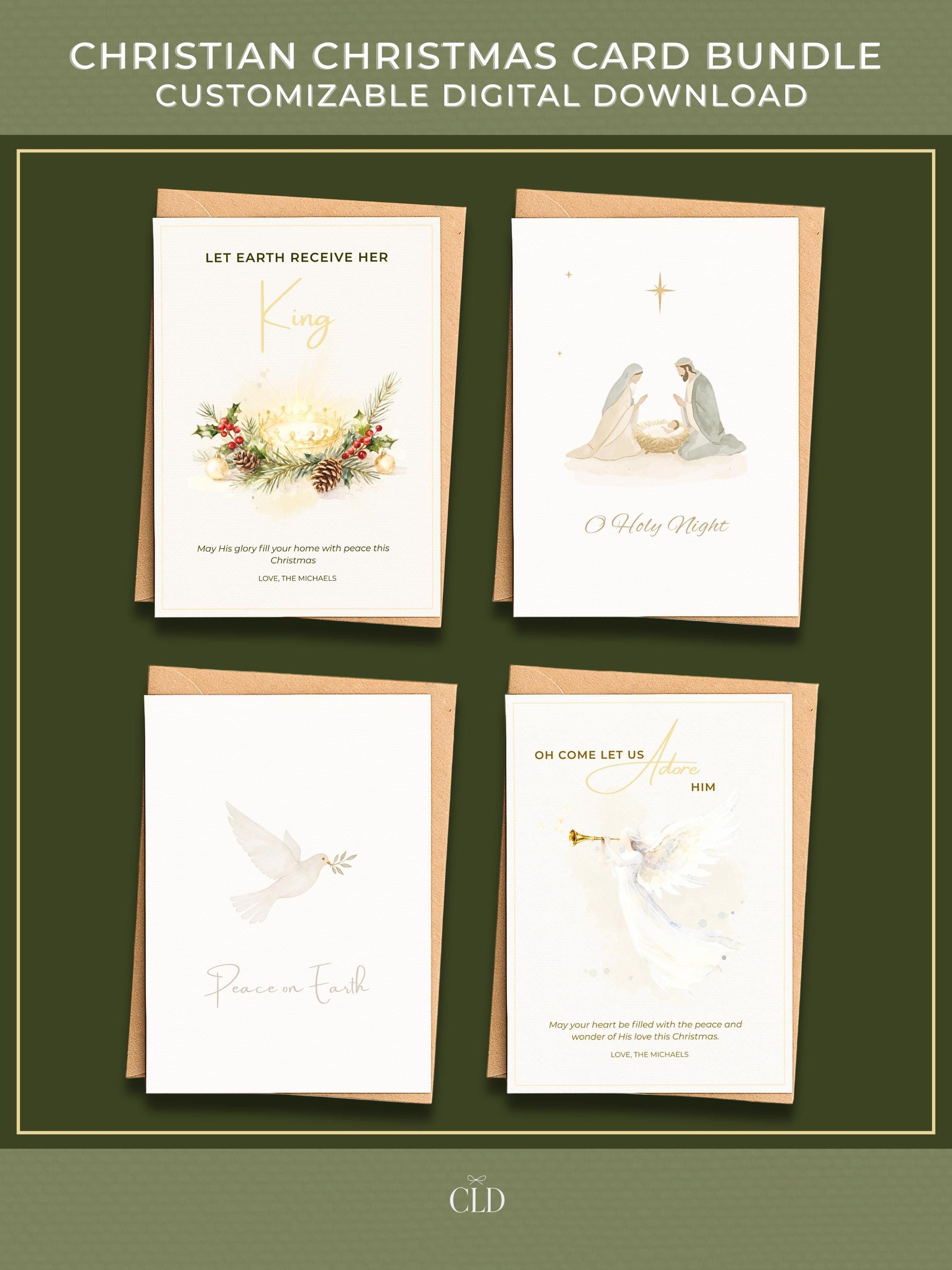 Set of four Christian Christmas cards featuring modern watercolor designs: a golden crown with pine and berries, a nativity scene, a white dove with olive branch, and an angel blowing a trumpet. Displayed with brown envelopes on a deep green background.