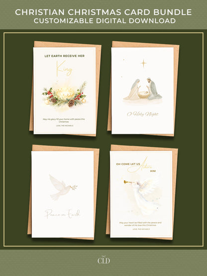 Set of four Christian Christmas cards featuring modern watercolor designs: a golden crown with pine and berries, a nativity scene, a white dove with olive branch, and an angel blowing a trumpet. Displayed with brown envelopes on a deep green background.
