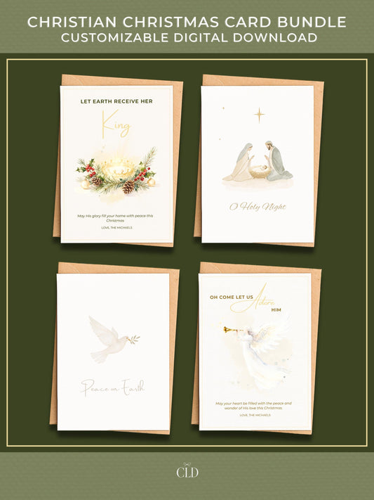 Set of four Christian Christmas cards featuring modern watercolor designs: a golden crown with pine and berries, a nativity scene, a white dove with olive branch, and an angel blowing a trumpet. Displayed with brown envelopes on a deep green background.