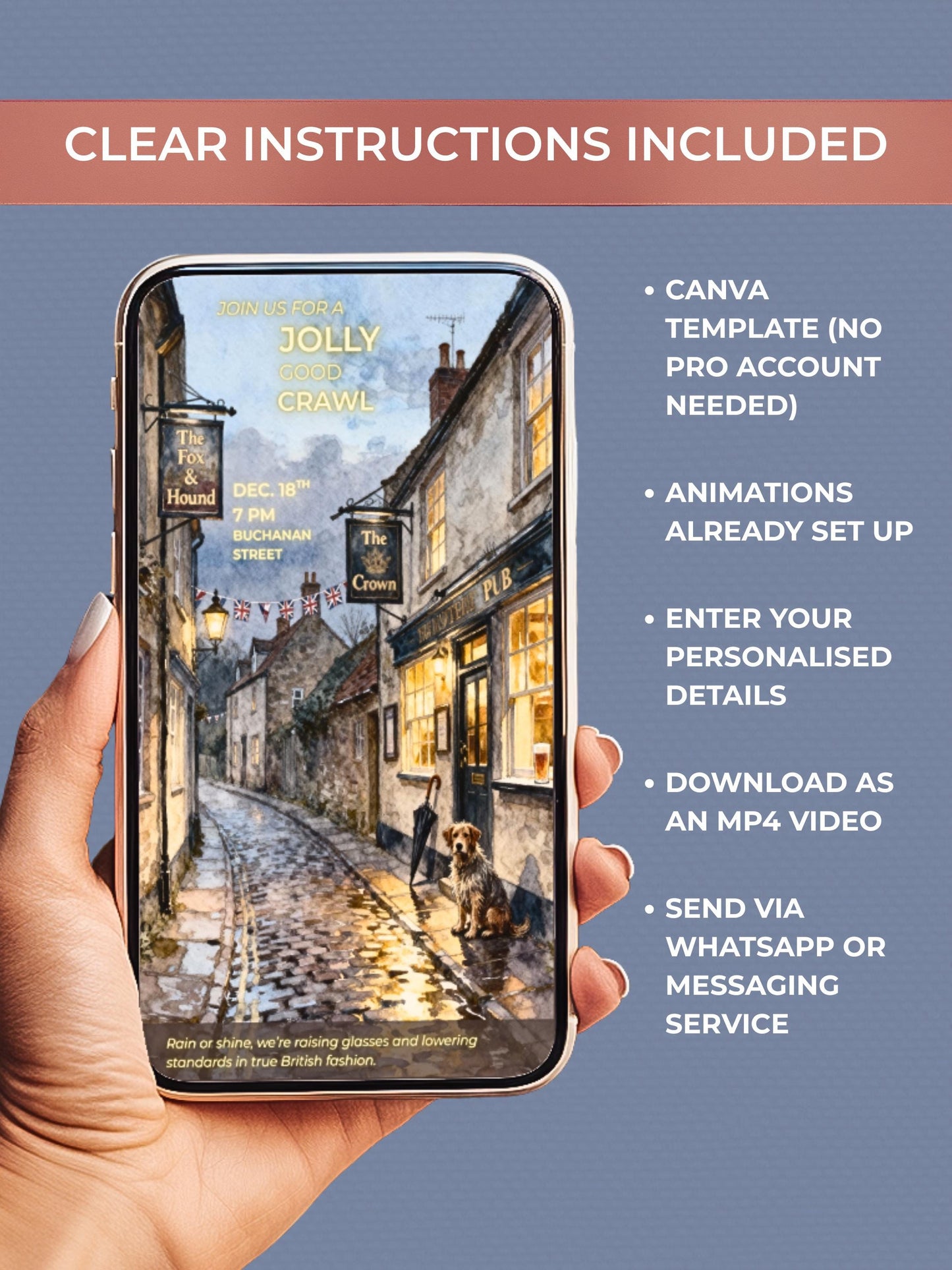 Animated Pub Crawl Invitation - British Village Watercolor Evite (Instant Download Editable Canva Template) Bar Crawl Digital Invite Video
