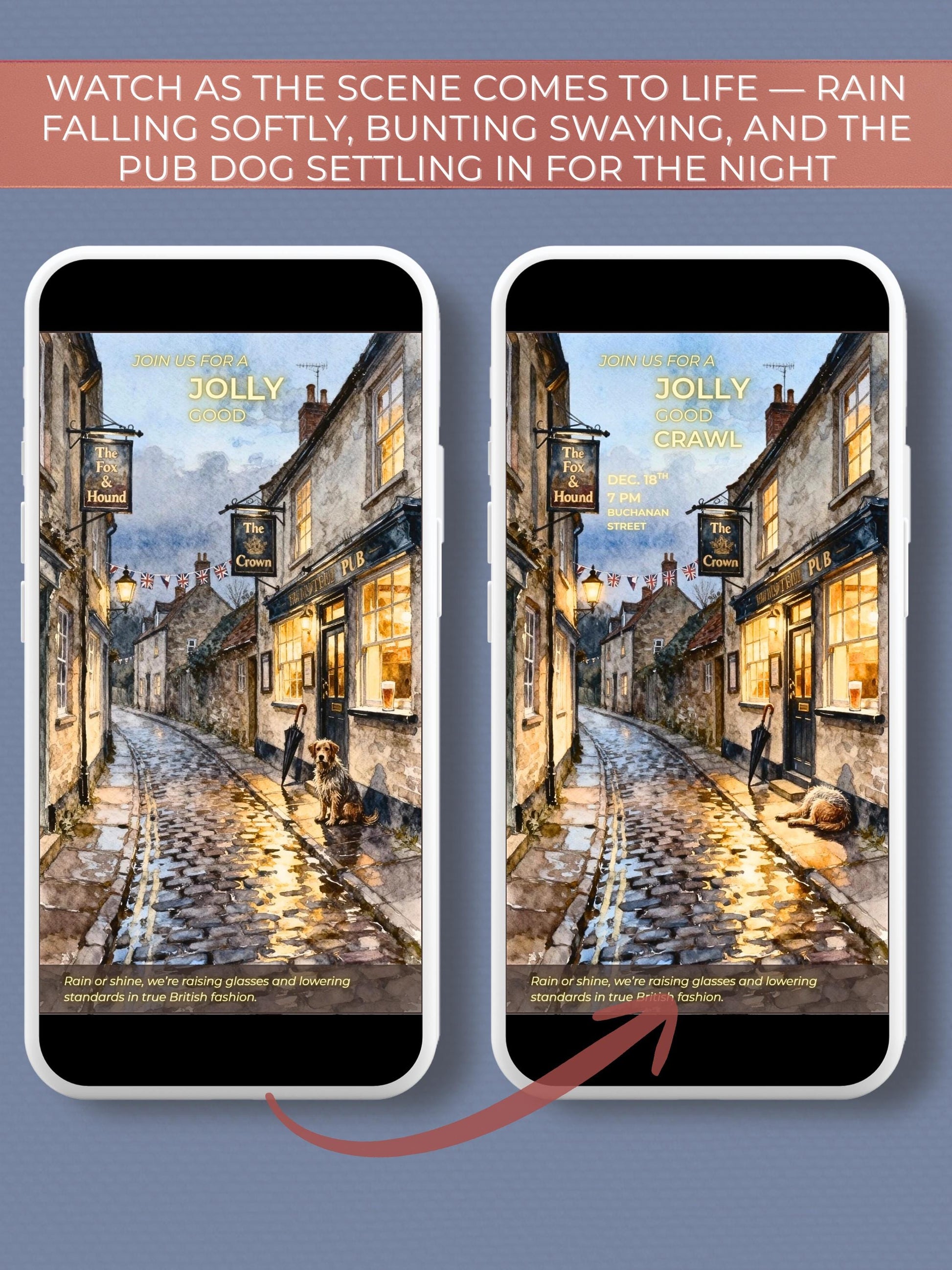 Animated Pub Crawl Invitation - British Village Watercolor Evite (Instant Download Editable Canva Template) Bar Crawl Digital Invite Video