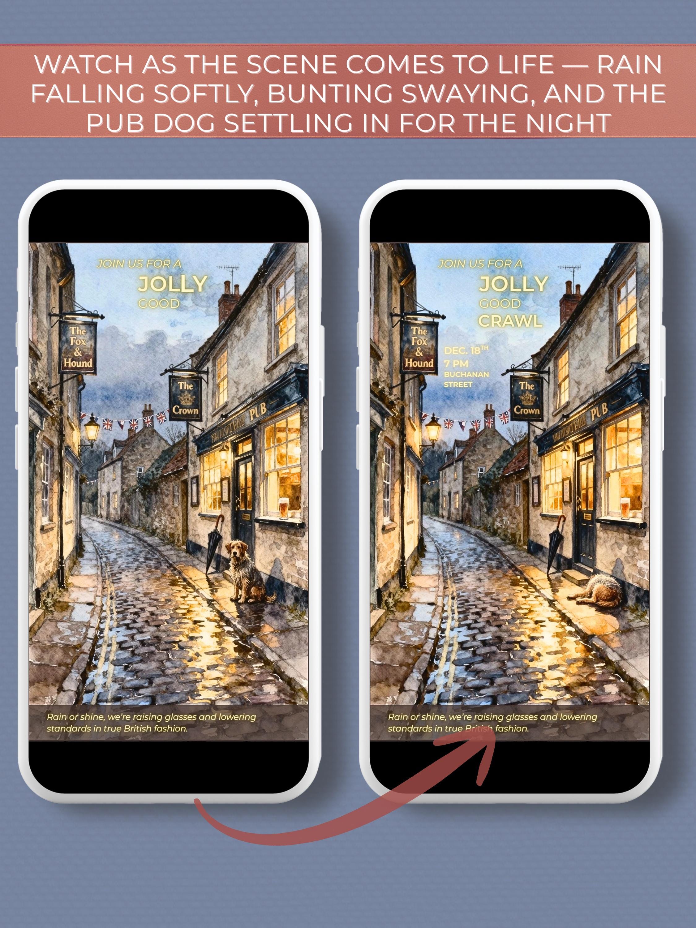 Animated Pub Crawl Invitation - British Village Watercolor Evite (Instant Download Editable Canva Template) Bar Crawl Digital Invite Video