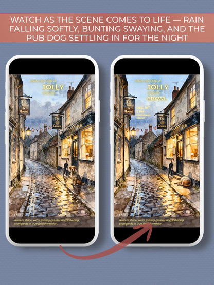 Animated Pub Crawl Invitation - British Village Watercolor Evite (Instant Download Editable Canva Template) Bar Crawl Digital Invite Video