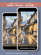 Animated digital pub crawl invitation mockup featuring a cozy British village street in watercolor style with pubs, bunting, and a dog lying outside in the rain glow. Text reads “Join Us For A Jolly Good Crawl,” styled in warm gold lettering with CLD branding below.
