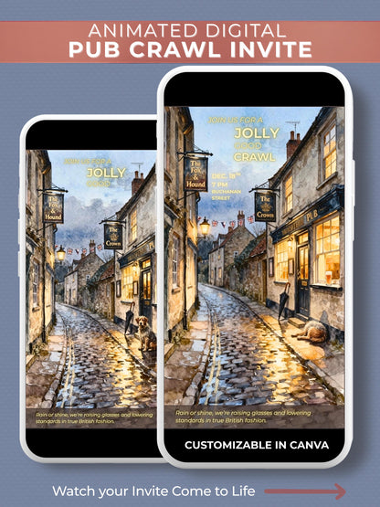 Animated digital pub crawl invitation mockup featuring a cozy British village street in watercolor style with pubs, bunting, and a dog lying outside in the rain glow. Text reads “Join Us For A Jolly Good Crawl,” styled in warm gold lettering with CLD branding below.