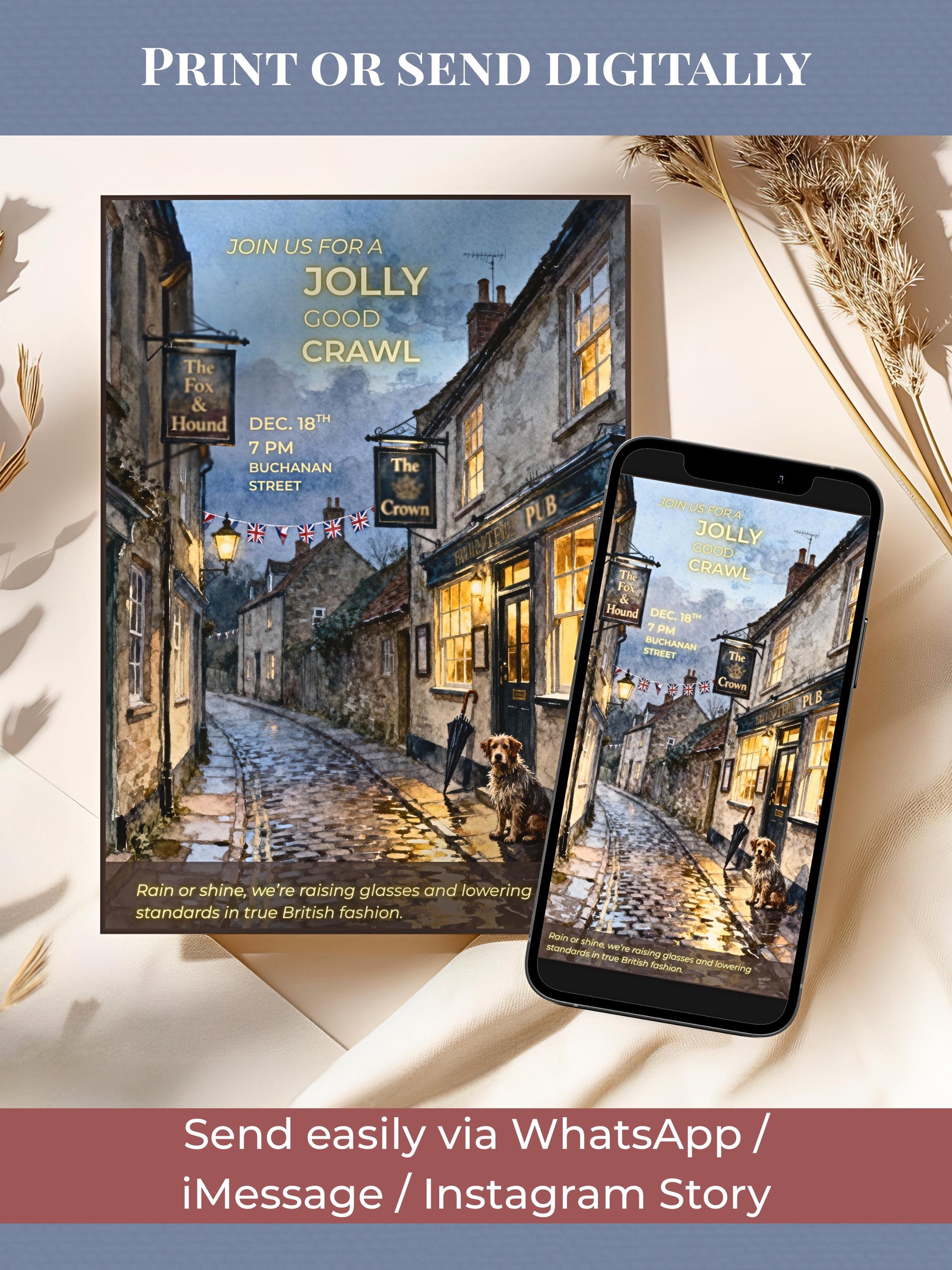 Pub Crawl Invitation Template - Printable British Watercolor Invite - Bar Hop Night Out Evite (Instant Download Editable Canva Template)