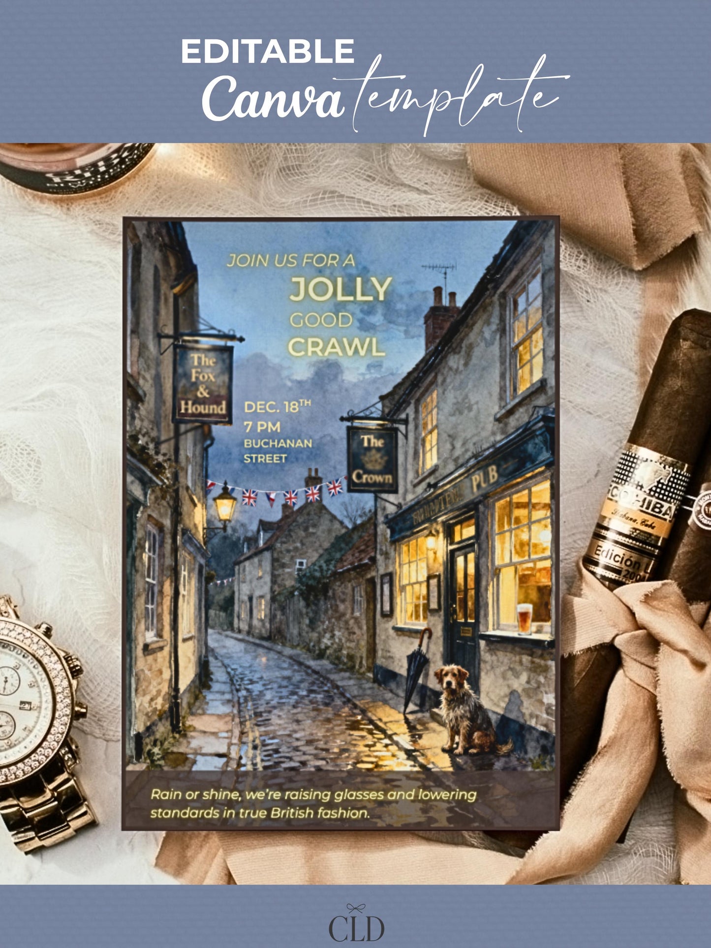 Pub Crawl Invitation Template - Printable British Watercolor Invite - Bar Hop Night Out Evite (Instant Download Editable Canva Template)