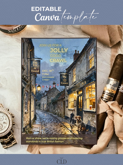 Pub Crawl Invitation Template - Printable British Watercolor Invite - Bar Hop Night Out Evite (Instant Download Editable Canva Template)