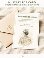 Watercolor-style PCS announcement card featuring a female U.S. Army service member seen from behind in camouflage uniform, with green text reading “We’ve Received Orders,” displayed with cream envelope in a warm, neutral setting