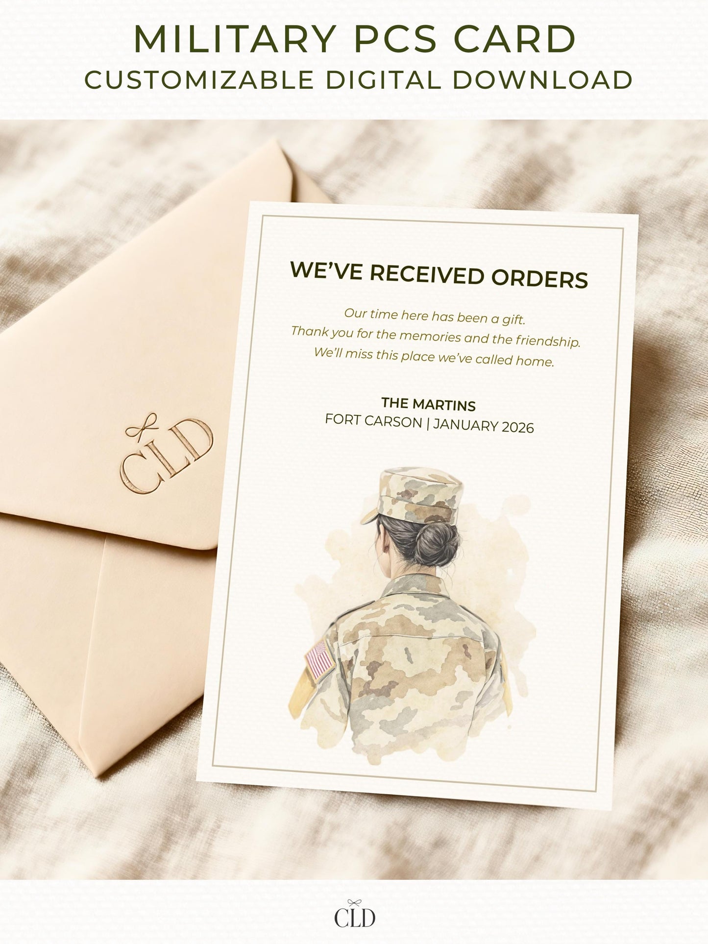 Watercolor-style PCS announcement card featuring a female U.S. Army service member seen from behind in camouflage uniform, with green text reading “We’ve Received Orders,” displayed with cream envelope in a warm, neutral setting