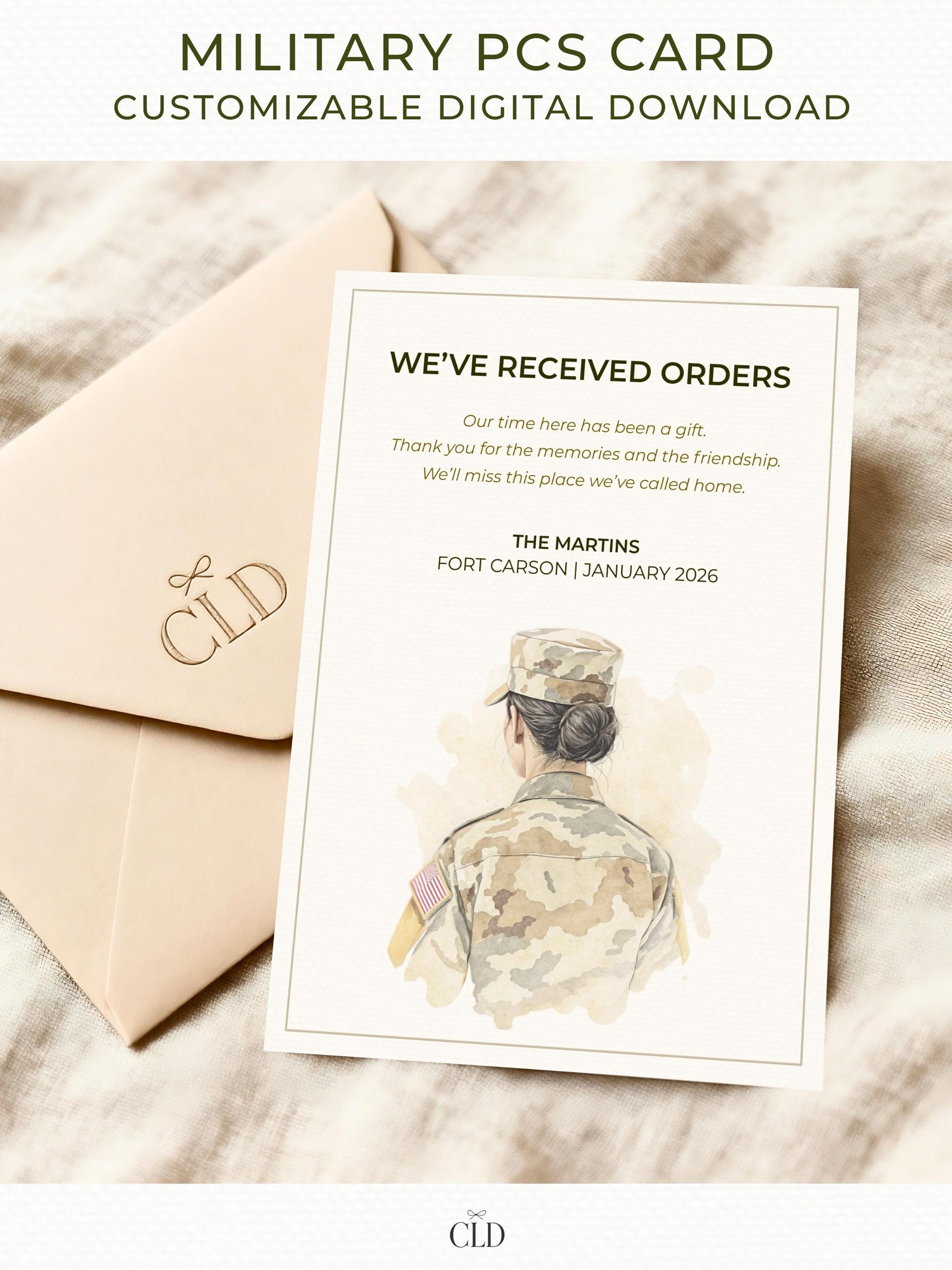 Watercolor-style PCS announcement card featuring a female U.S. Army service member seen from behind in camouflage uniform, with green text reading “We’ve Received Orders,” displayed with cream envelope in a warm, neutral setting