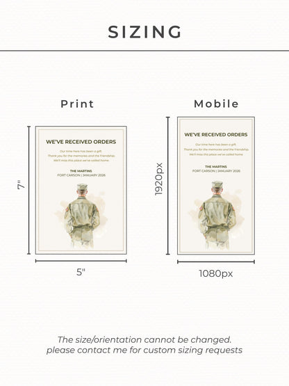 Military PCS Card - Moving Announcement - Custom Male Military Family Army Goodbye (Instant Download Editable Canva Template) New Orders