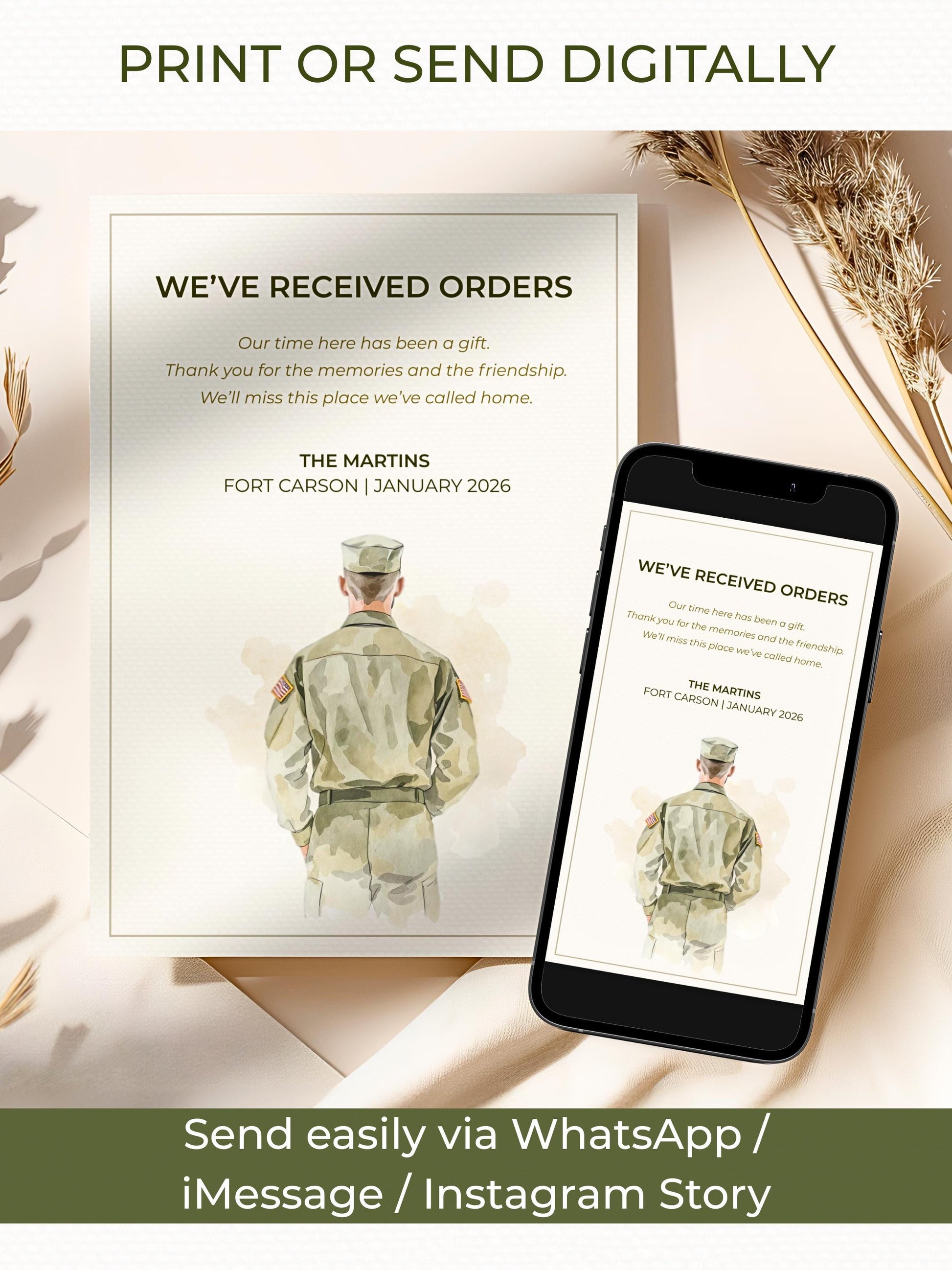 Military PCS Card - Moving Announcement - Custom Male Military Family Army Goodbye (Instant Download Editable Canva Template) New Orders