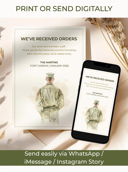 Military PCS Card - Moving Announcement - Custom Male Military Family Army Goodbye (Instant Download Editable Canva Template) New Orders