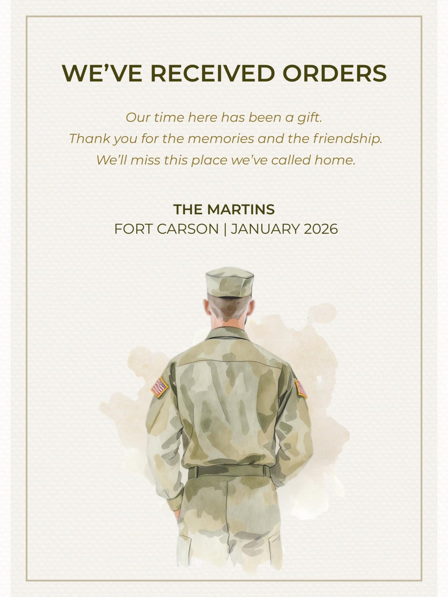 Military PCS Card - Moving Announcement - Custom Male Military Family Army Goodbye (Instant Download Editable Canva Template) New Orders