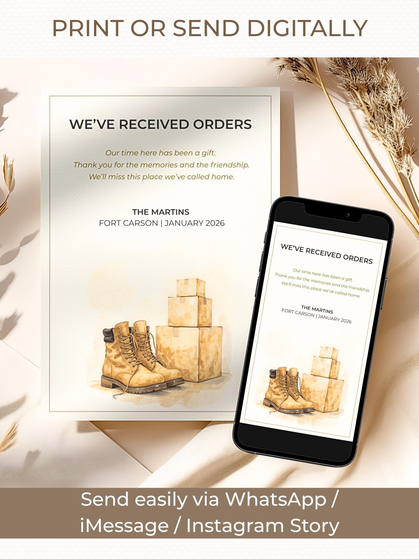 Military Uniform Moving PCS Card Announcement - Custom US Army Family Goodbye (Instant Download Editable Canva Template) New Orders Farewell