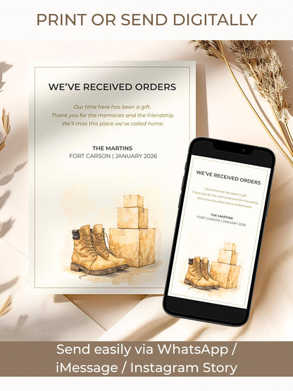 Military Uniform Moving PCS Card Announcement - Custom US Army Family Goodbye (Instant Download Editable Canva Template) New Orders Farewell