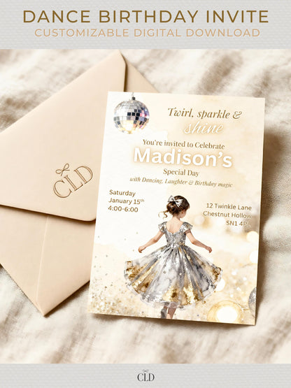 Elegant dance birthday invitation featuring a watercolor girl in a sparkling silver and gold dress, with a disco ball above and gold glitter details, reading “Twirls, sparkle & shine — Madison’s Special Day.” Displayed on a soft neutral background with a tan envelope and CLD branding