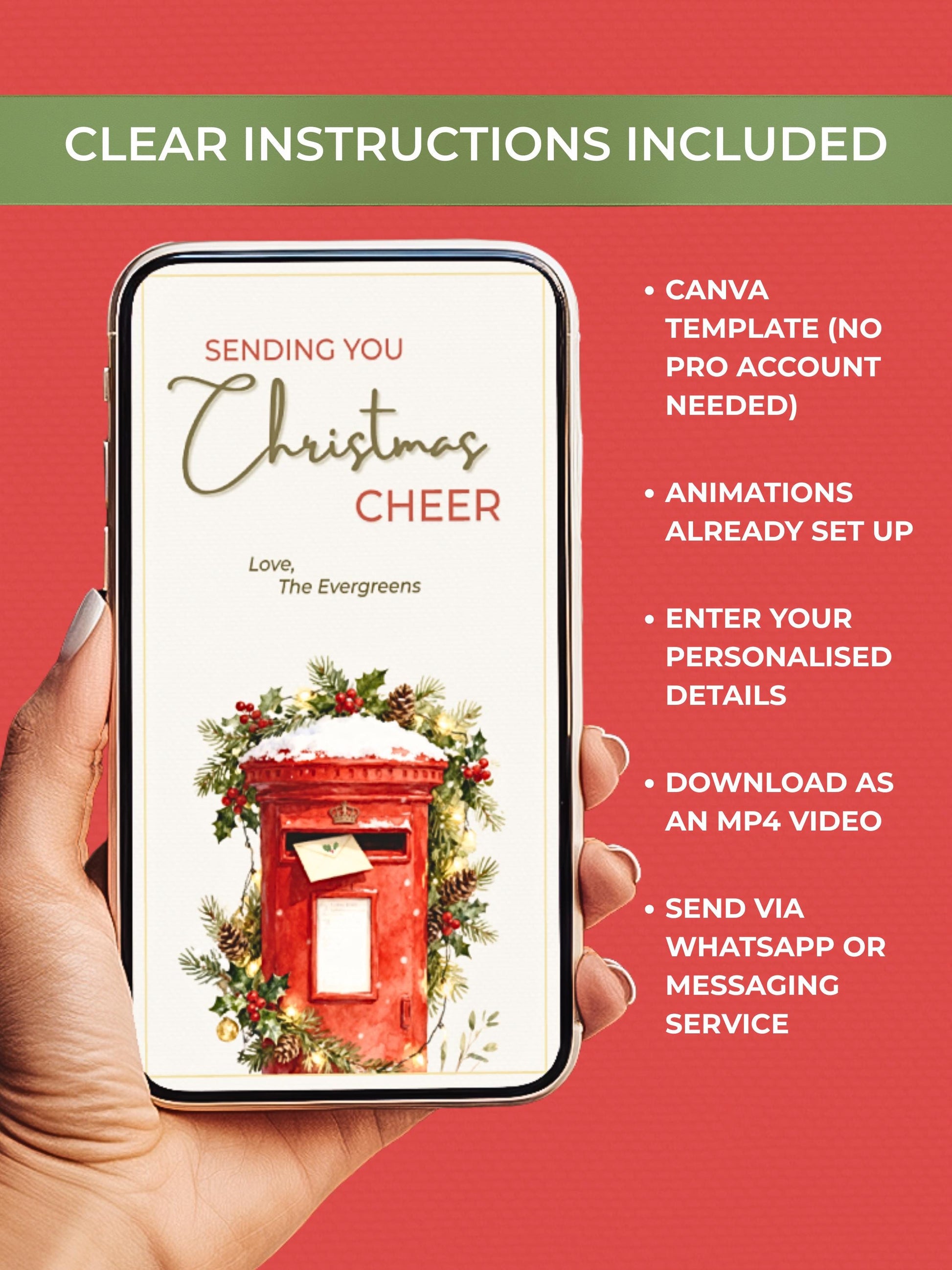 Animated Christmas Cheer Card - Editable Digital Holiday Greeting (Instant Download Canva Template Custom Video) - Vintage British Postbox