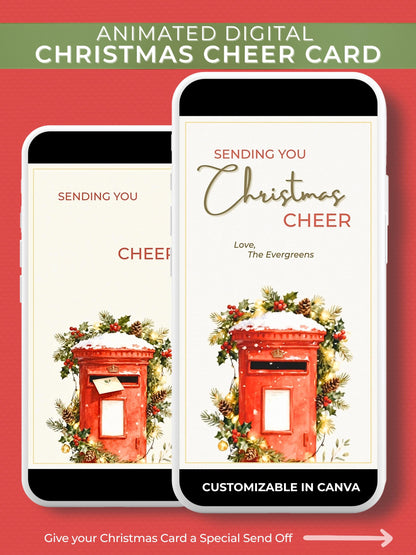 Animated digital Christmas card featuring a classic red British postbox decorated with festive greenery, pinecones, and snow, with the text ‘Sending You Christmas Cheer’. Displayed on a smartphone mockup to show the animated MP4 format.