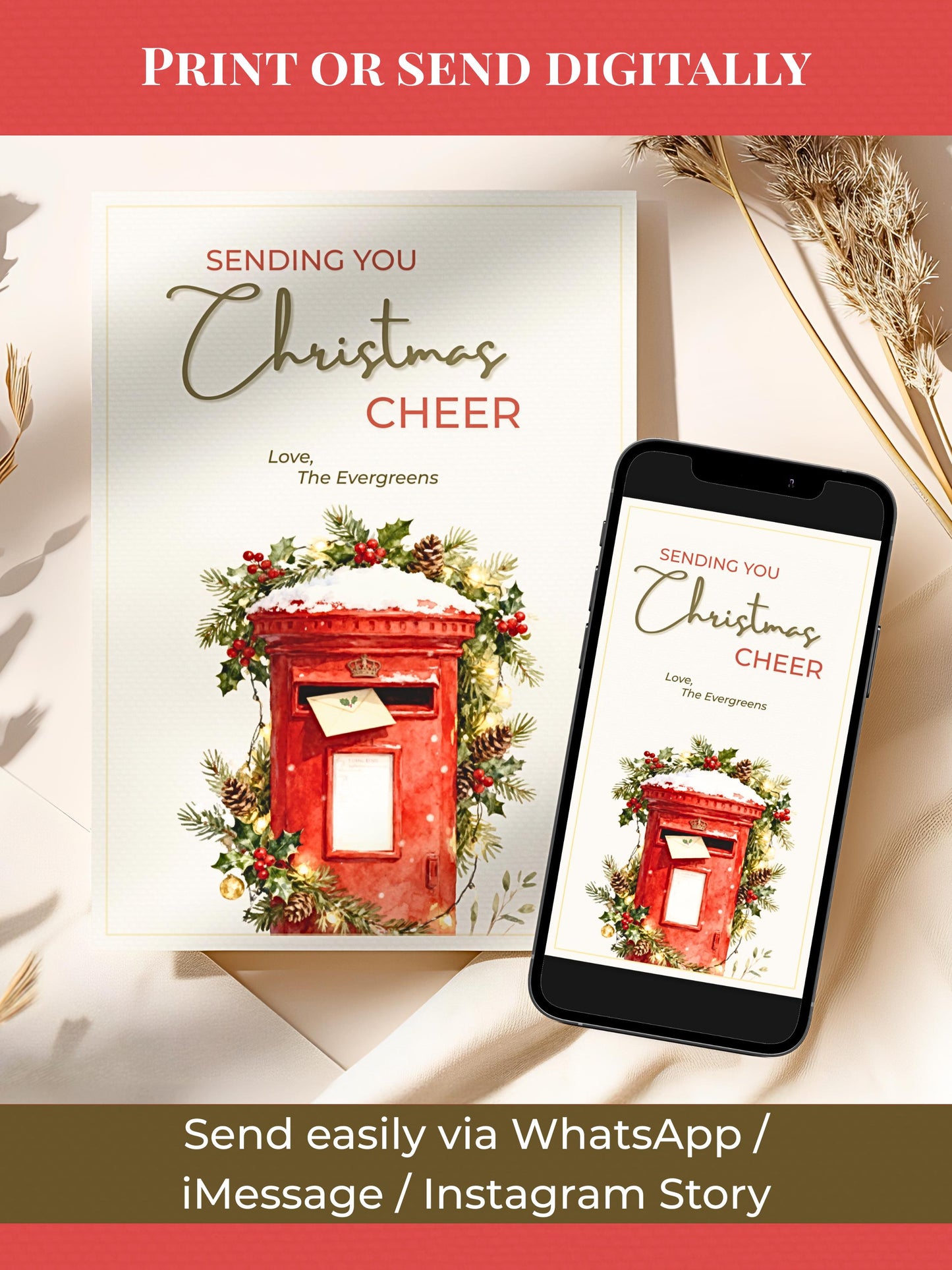 Printable Christmas Cheer Card - Editable Digital Holiday Greeting (Instant Download Canva Template Custom) - Vintage British Postbox