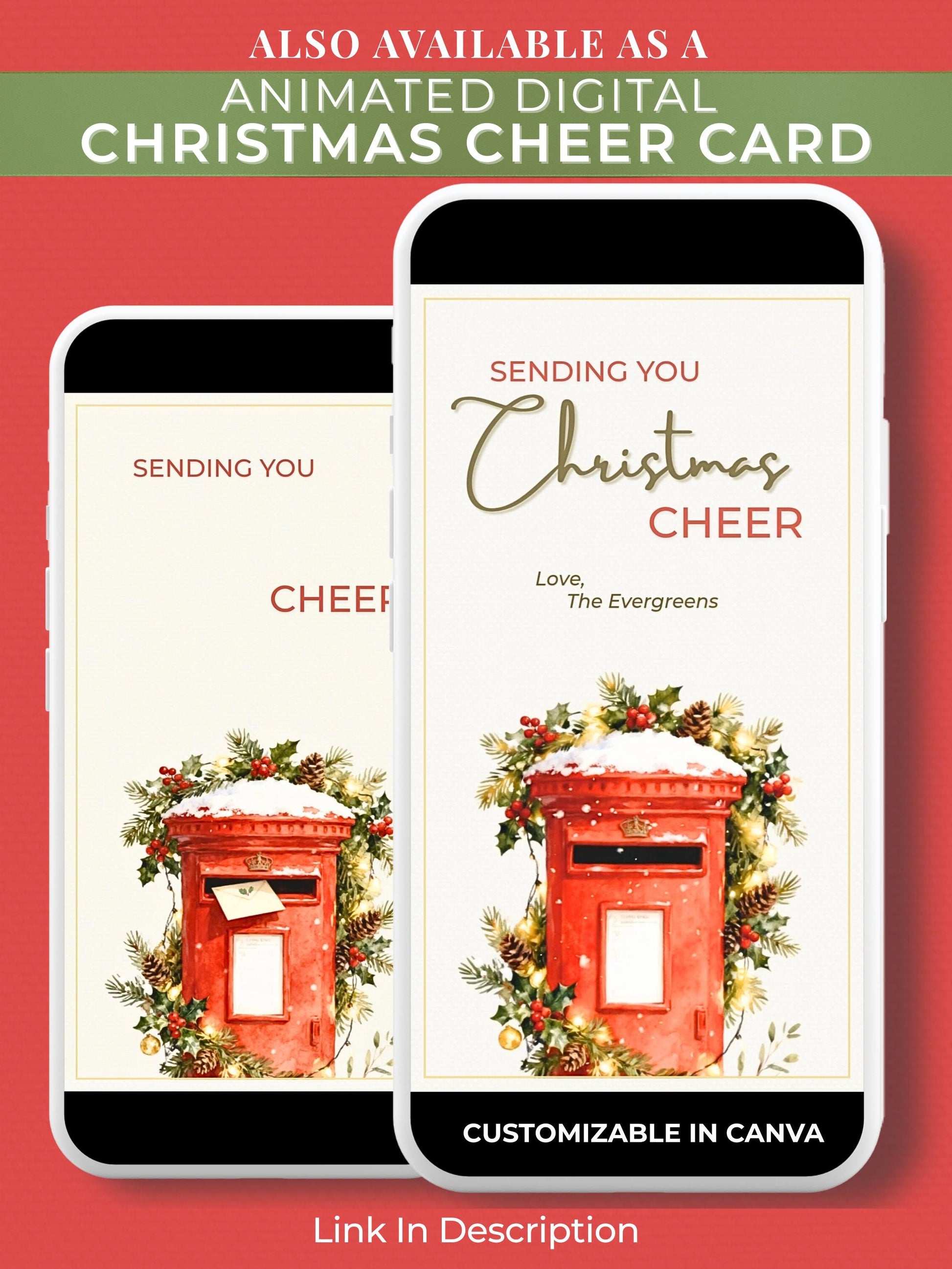 Printable Christmas Cheer Card - Editable Digital Holiday Greeting (Instant Download Canva Template Custom) - Vintage British Postbox