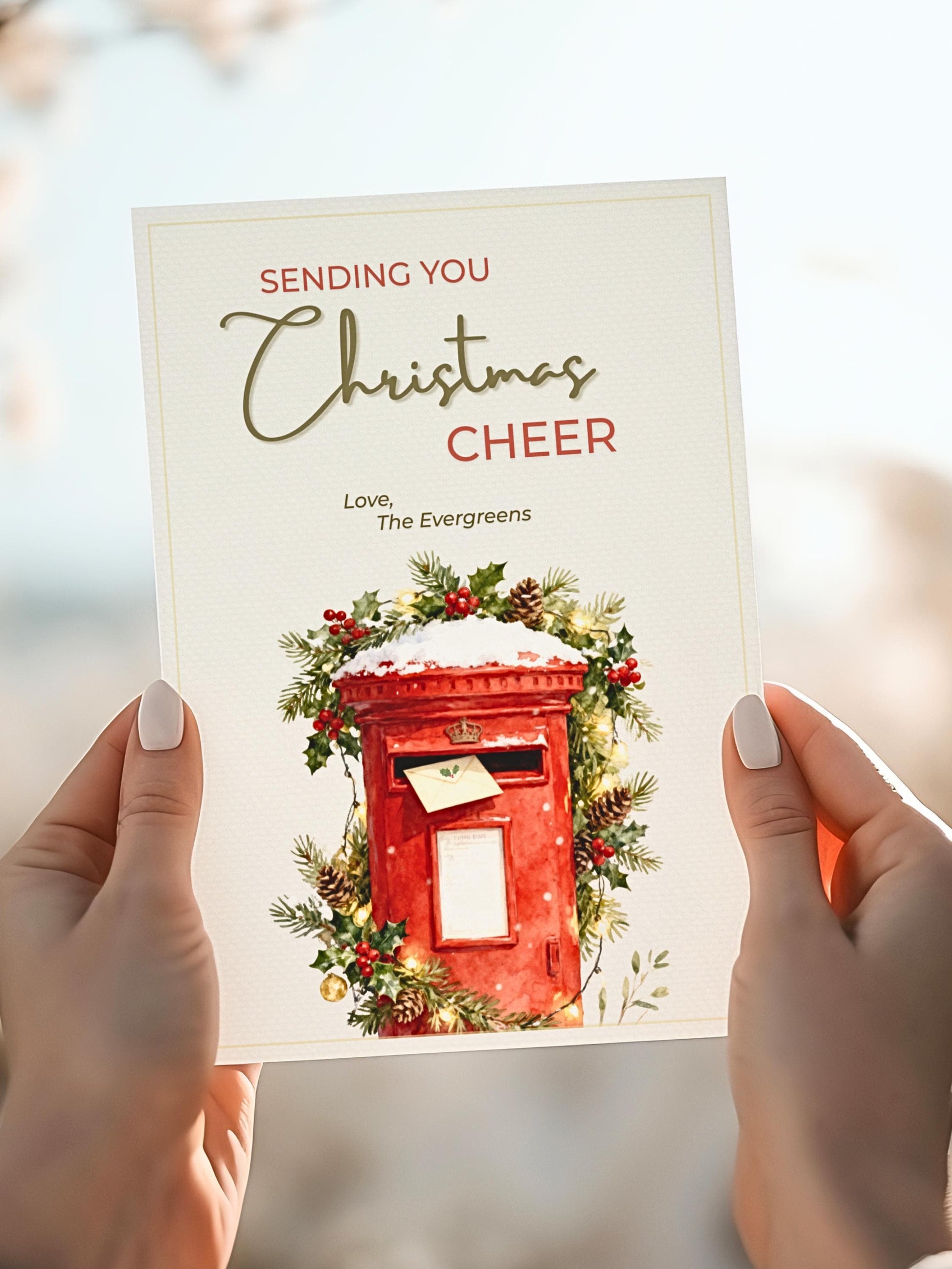 Printable Christmas Cheer Card - Editable Digital Holiday Greeting (Instant Download Canva Template Custom) - Vintage British Postbox