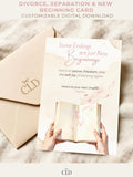 Soft watercolor printable card showing open book with pink petals drifting upward and text reading “Some Endings Are Just New Beginnings,” customizable Canva template for divorce, separation, or new chapter