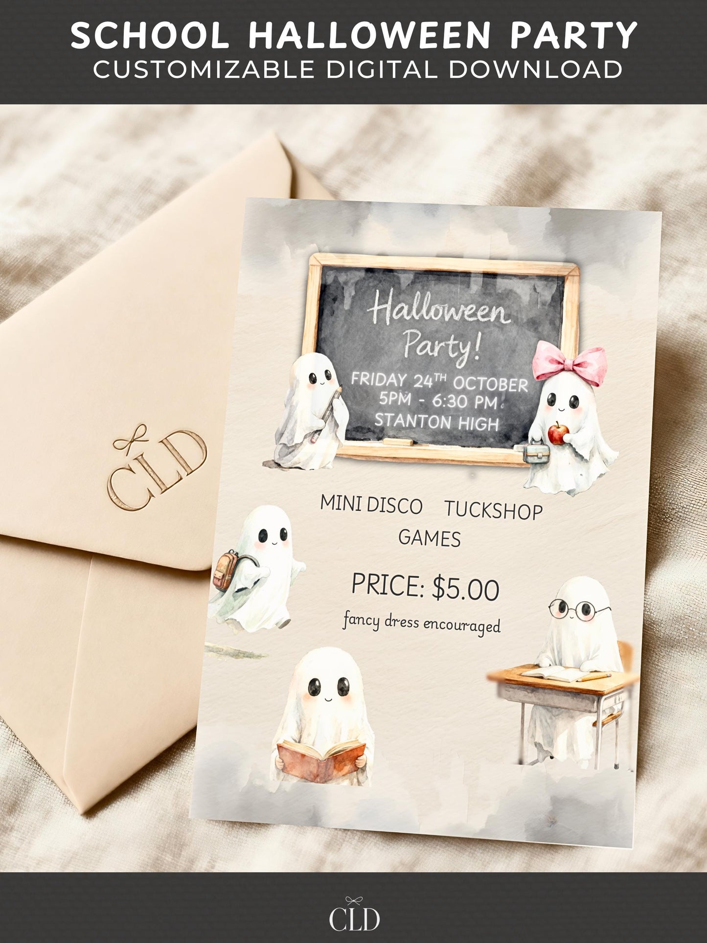 Watercolor ghost school Halloween invitation featuring cute ghosts reading, teaching, and learning around a chalkboard with “Halloween Party” text — modern minimalist neutral-toned kids’ party design mockup by Chelsea Lamont Design