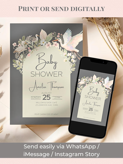 Baby Shower Invitation Gender Neutral Design Template Canva Editing Digital Download Birth Announcement Party Floral Watercolor Art