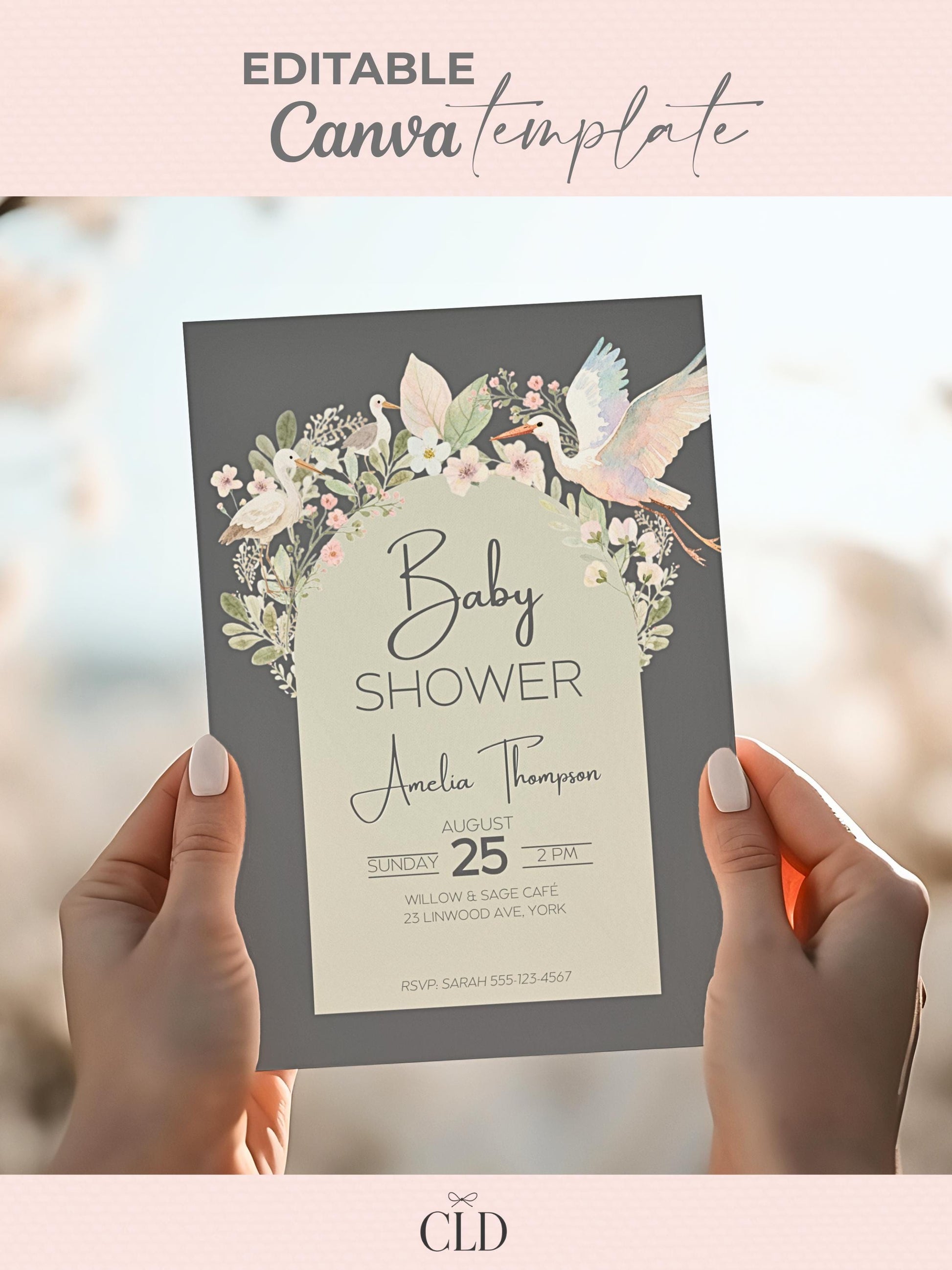 Baby Shower Invitation Gender Neutral Design Template Canva Editing Digital Download Birth Announcement Party Floral Watercolor Art