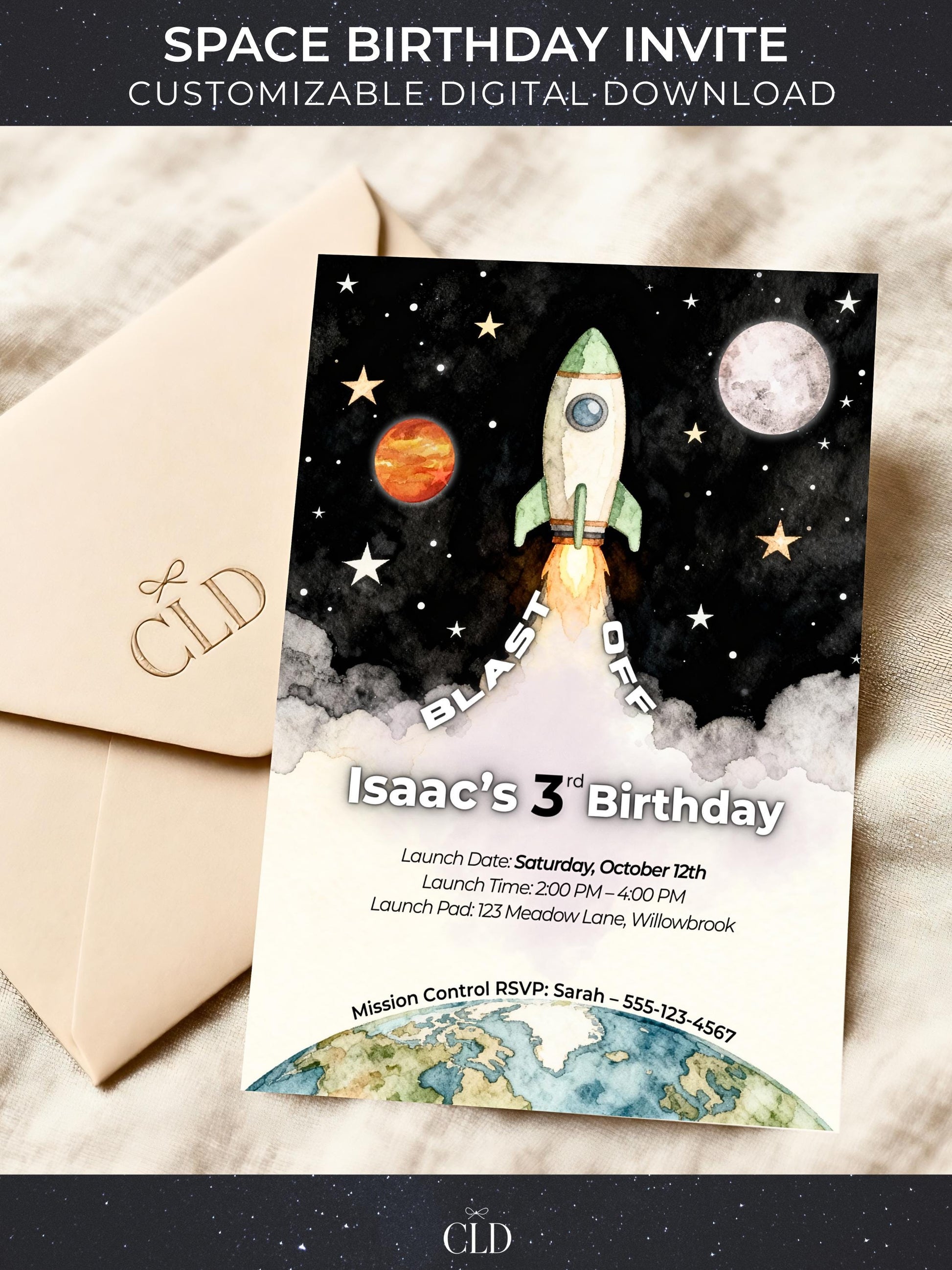 Watercolor space birthday invitation mockup: a rocket blasts off amid stars, moon and planet; curved ‘BLAST OFF’ around the rocket and ‘Isaac’s 3rd Birthday’ below. Clean white card with CLD logo; header reads ‘Space Birthday Invite – Customizable Digital Download