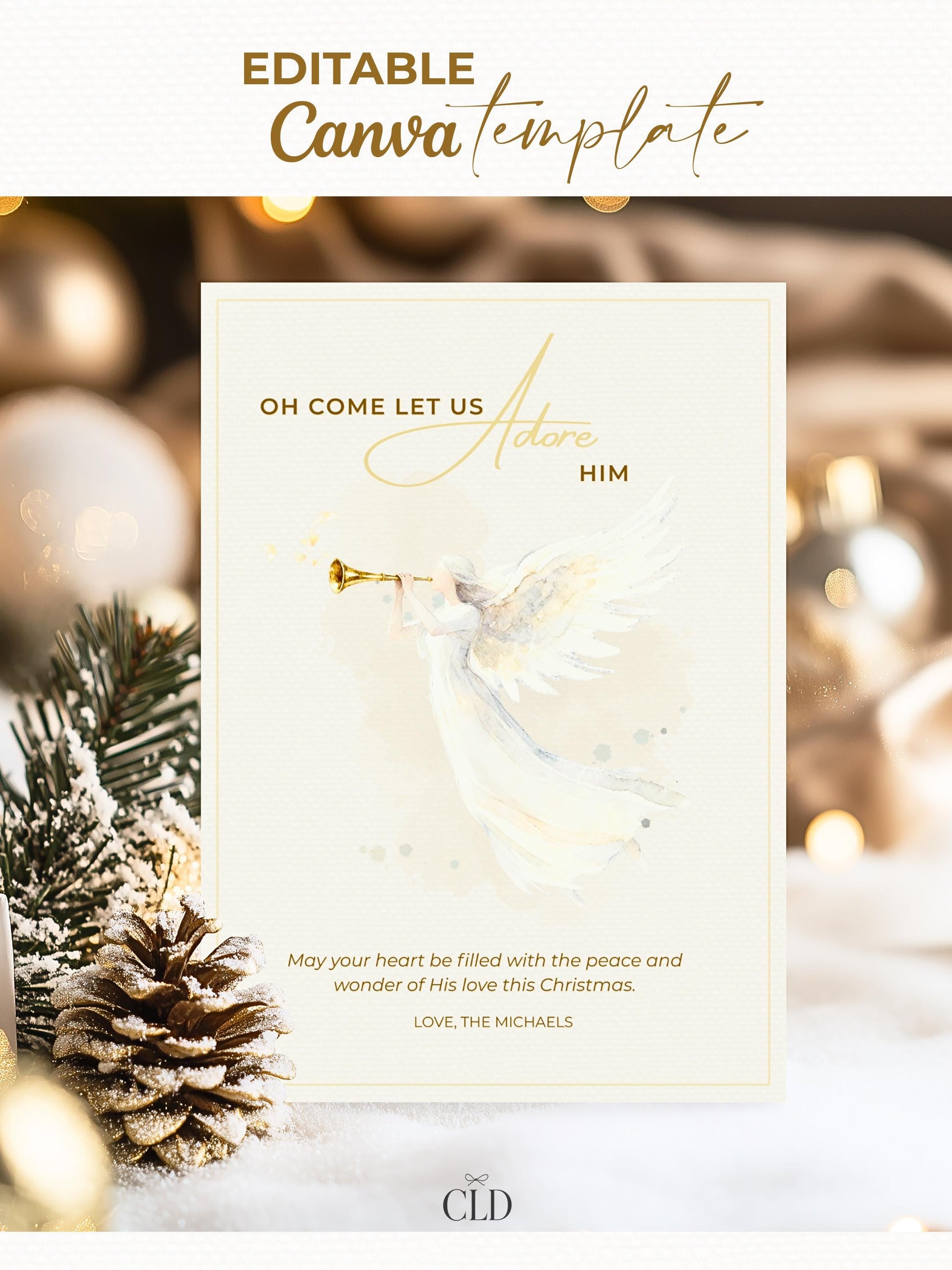 Editable Angel Christmas Card Template, Oh Come Let Us Adore Him Christian, Modern Watercolor Faith Holiday Instant Download Canva Template