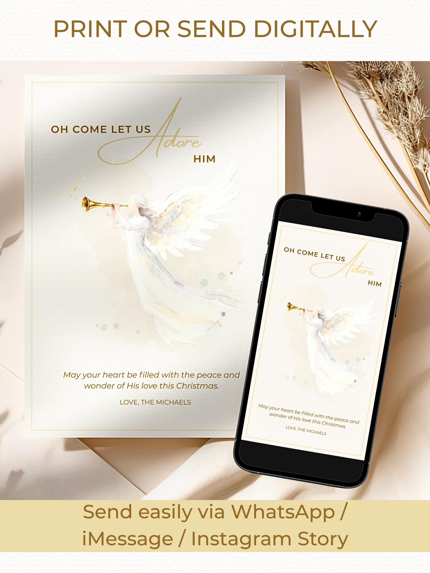 Editable Angel Christmas Card Template, Oh Come Let Us Adore Him Christian, Modern Watercolor Faith Holiday Instant Download Canva Template