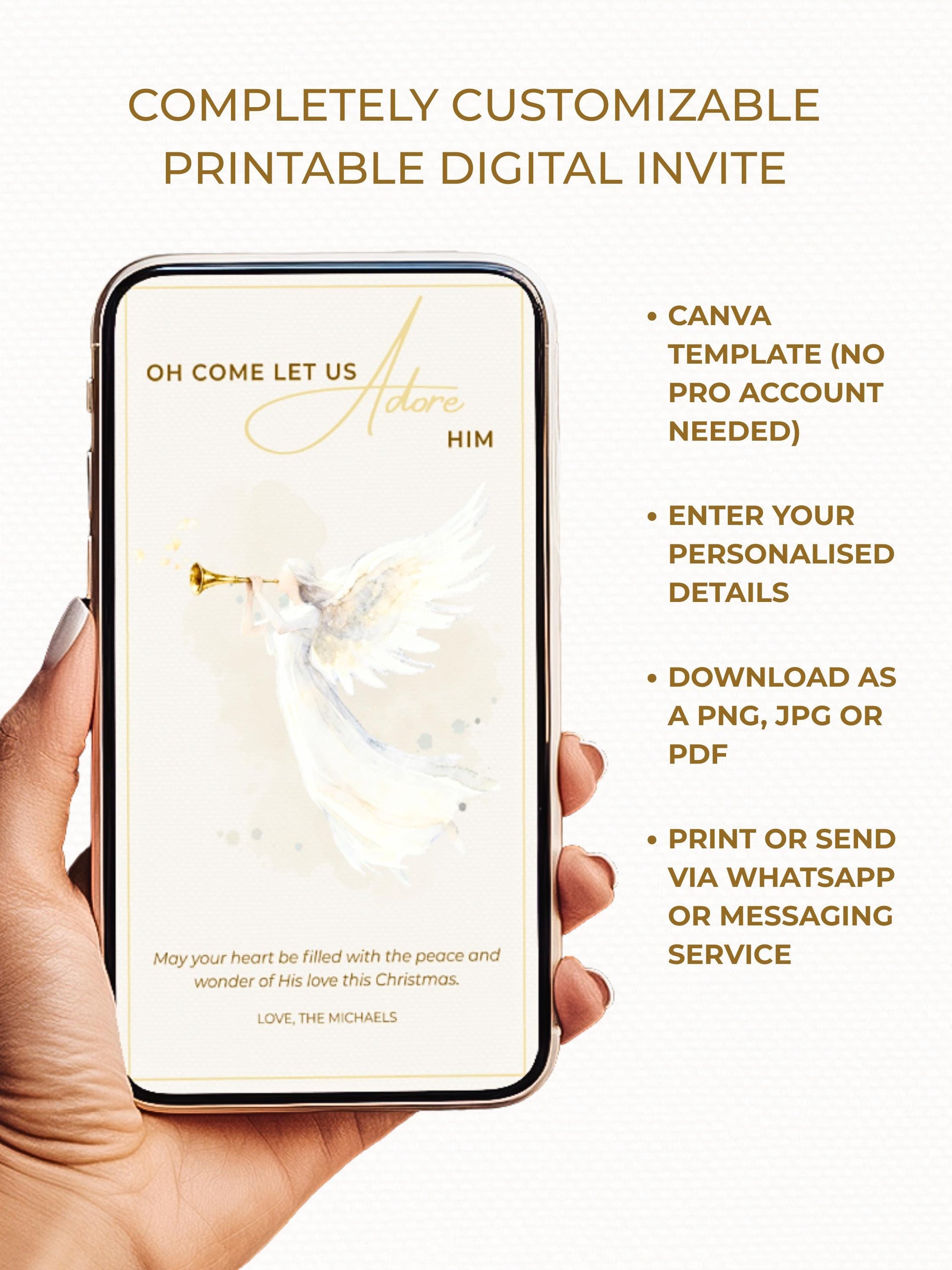 Editable Angel Christmas Card Template, Oh Come Let Us Adore Him Christian, Modern Watercolor Faith Holiday Instant Download Canva Template