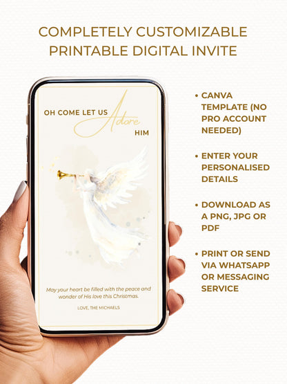 Editable Angel Christmas Card Template, Oh Come Let Us Adore Him Christian, Modern Watercolor Faith Holiday Instant Download Canva Template