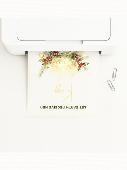 Editable Christian Holiday Christmas Card-Let Earth Receive Her King Golden Crown (Religious Printable Canva Template Digital Download)