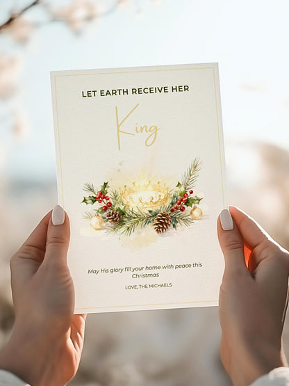 Editable Christian Holiday Christmas Card-Let Earth Receive Her King Golden Crown (Religious Printable Canva Template Digital Download)