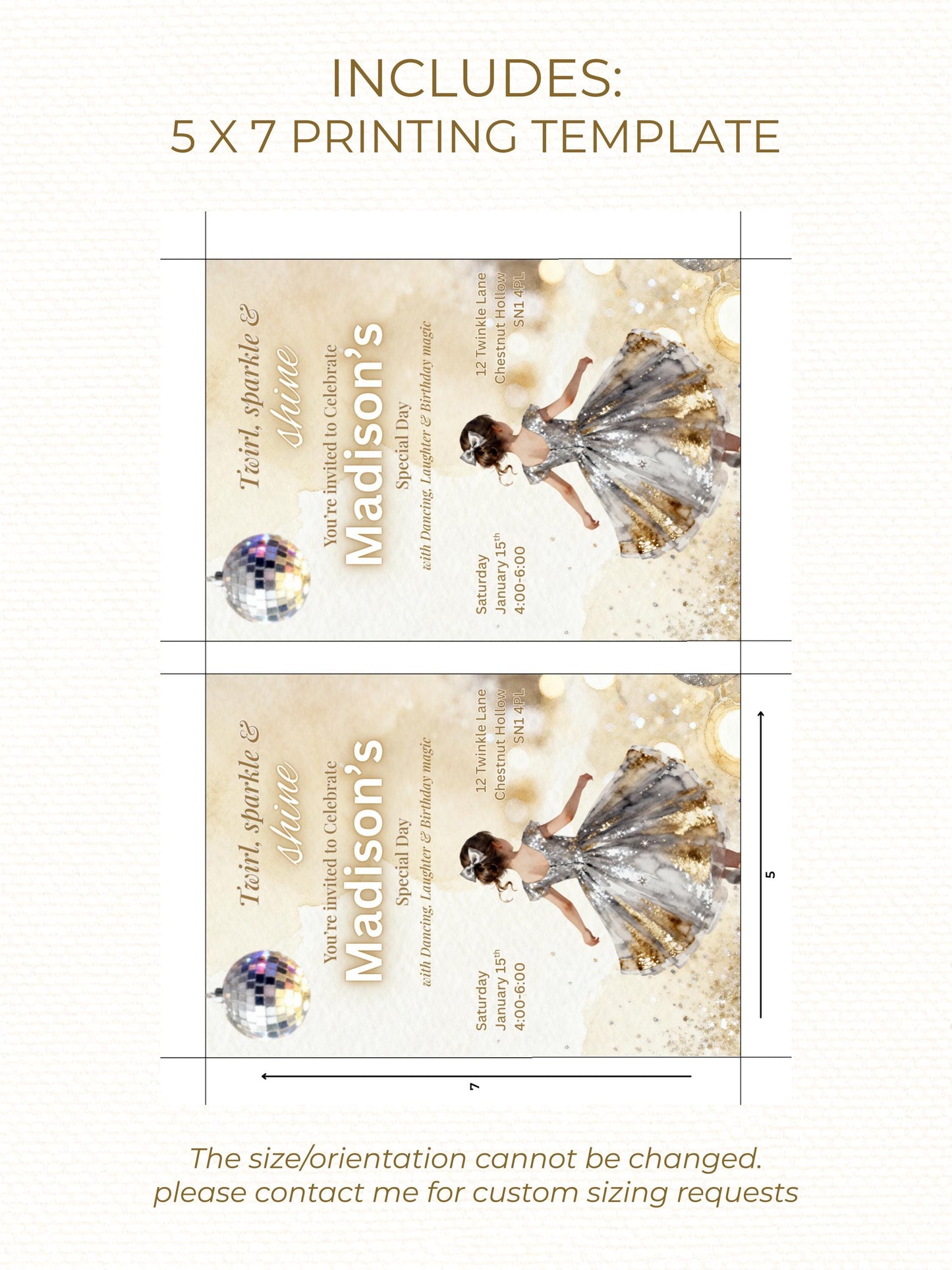 Girl's Dance Birthday Invitation-Twirl and Sparkle Party Invite/Disco Theme(Printable Instant Download Canva Template Evite)