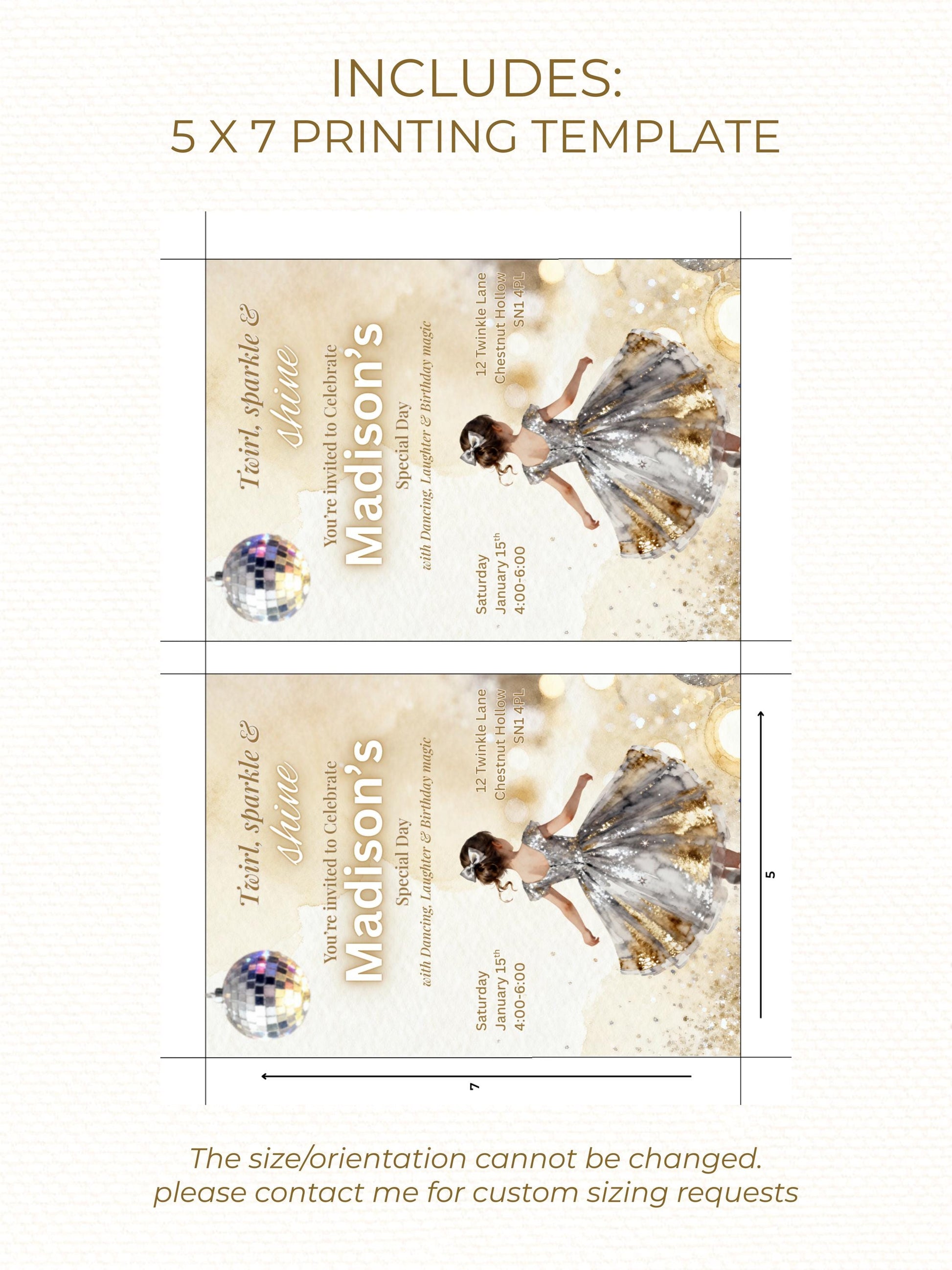 Girl's Dance Birthday Invitation-Twirl and Sparkle Party Invite/Disco Theme(Printable Instant Download Canva Template Evite)