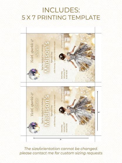 Girl's Dance Birthday Invitation-Twirl and Sparkle Party Invite/Disco Theme(Printable Instant Download Canva Template Evite)