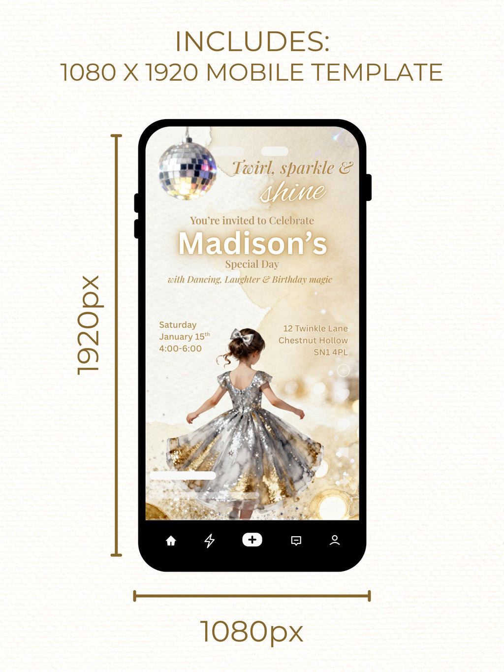 Girl's Dance Birthday Invitation-Twirl and Sparkle Party Invite/Disco Theme(Printable Instant Download Canva Template Evite)