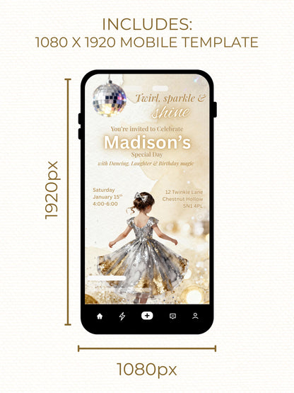 Girl's Dance Birthday Invitation-Twirl and Sparkle Party Invite/Disco Theme(Printable Instant Download Canva Template Evite)