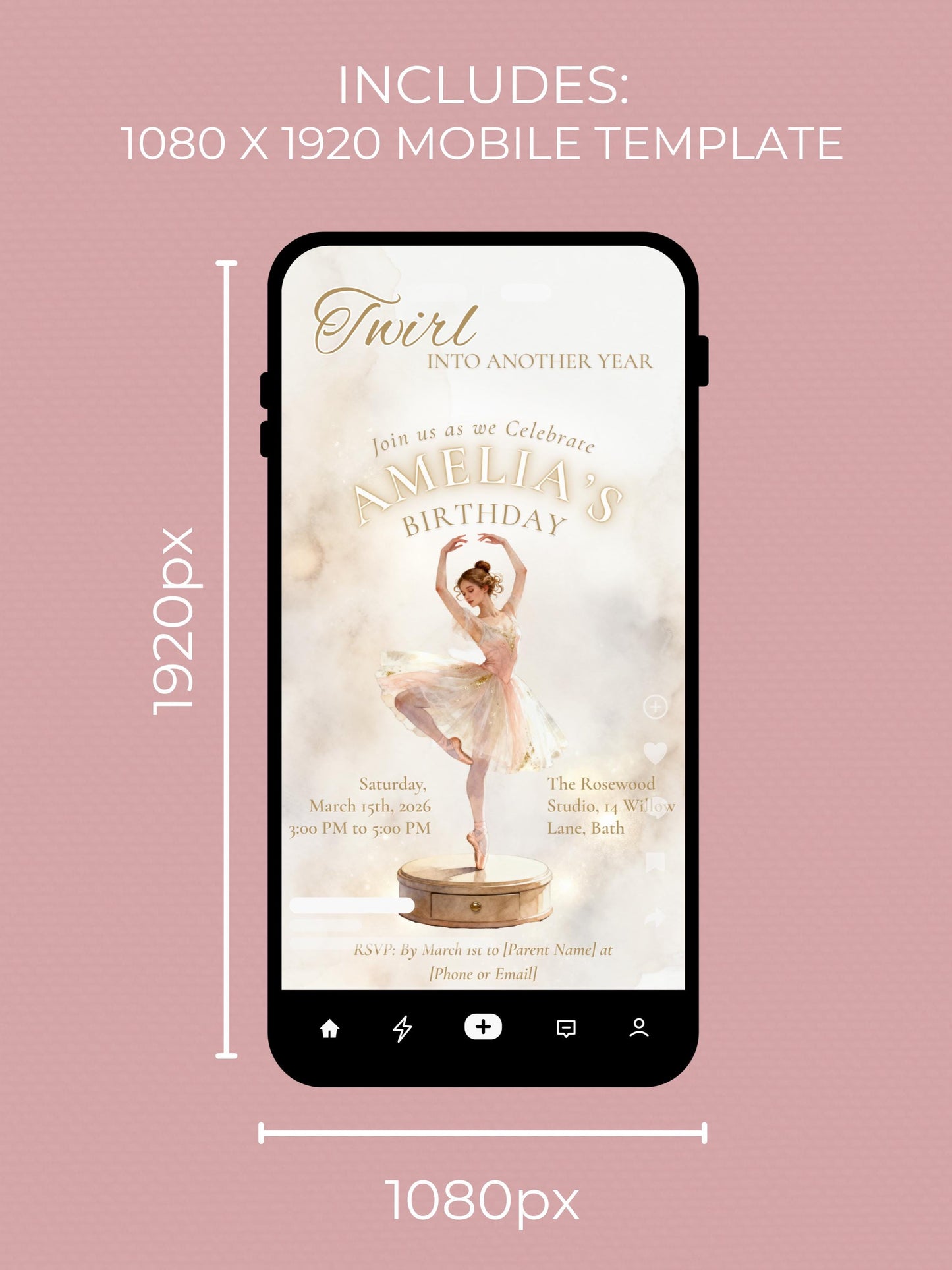 Ballerina Birthday Invitation-Dance Kids Party Invite (Custom Instant Download Canva Template) Elegant Music Box Ballet Girl Evite