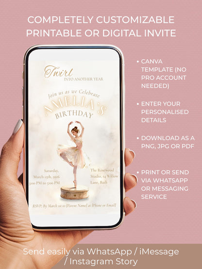 Ballerina Birthday Invitation-Dance Kids Party Invite (Custom Instant Download Canva Template) Elegant Music Box Ballet Girl Evite