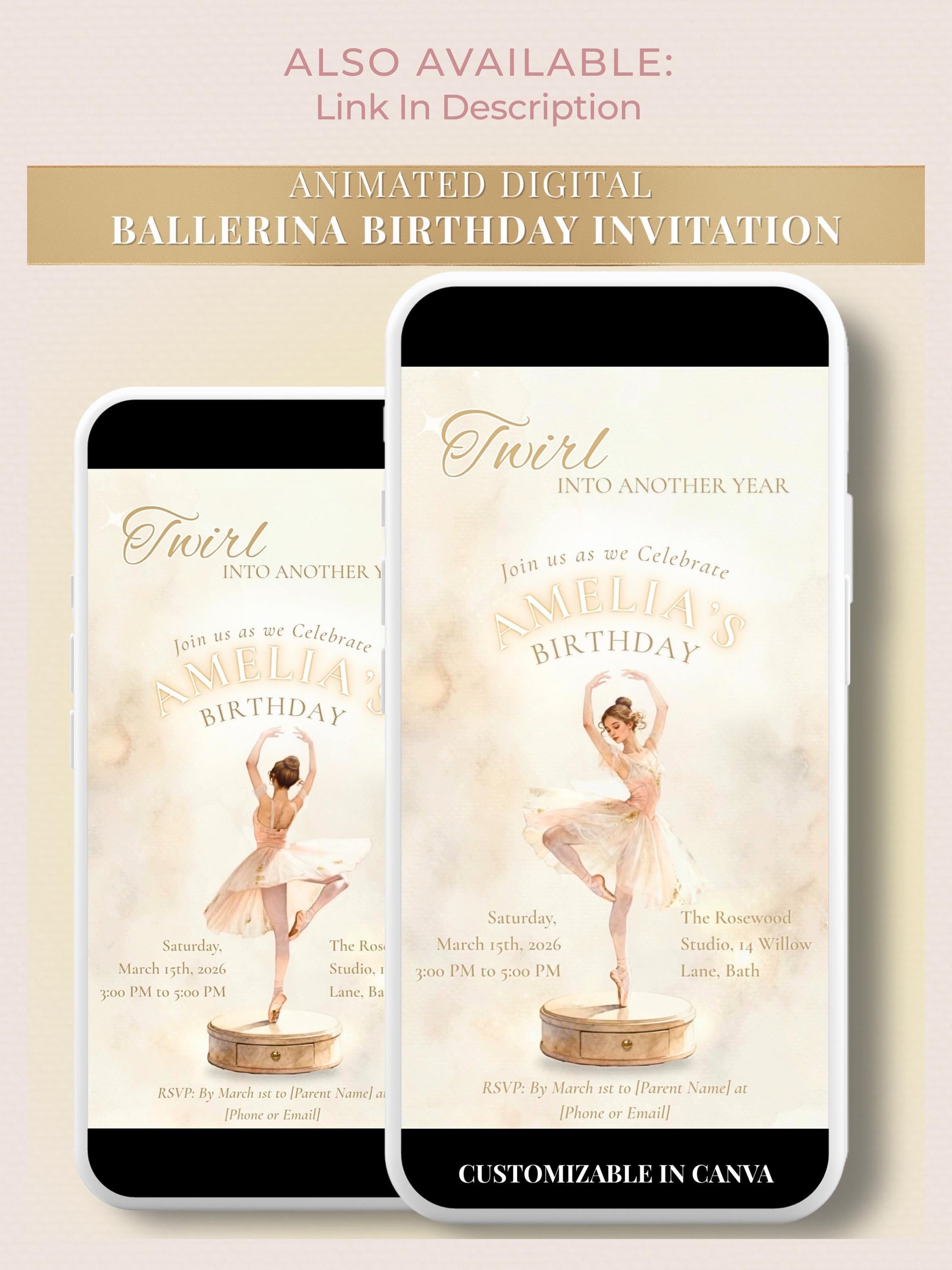 Ballerina Birthday Invitation-Dance Kids Party Invite (Custom Instant Download Canva Template) Elegant Music Box Ballet Girl Evite