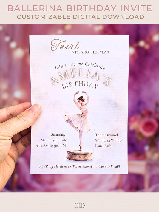 Elegant watercolor ballerina birthday invitation featuring a graceful dancer twirling atop a vintage music box stand, surrounded by soft beige and gold tones with the text “Twirl Into Another Year” and customizable event details displayed below. Printable Canva template designed for children’s ballet-themed birthdays